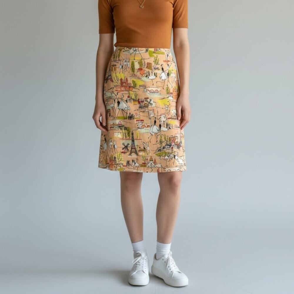 J. Mclaughlin Paris Print Knee Length Wrap Skirt Vintage Women's 4 Multicolor